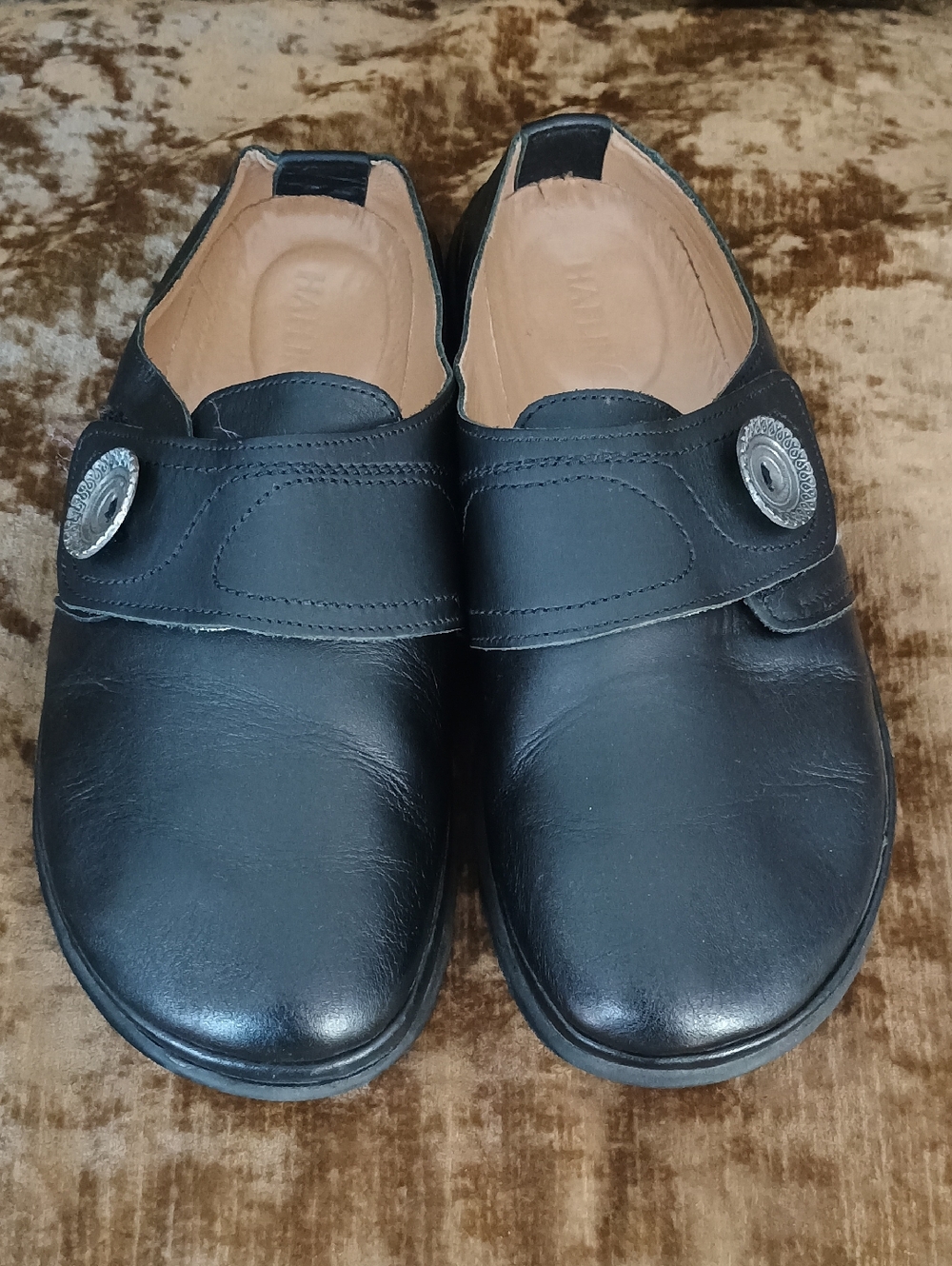 Haflinger Black Leather Slip-On Mules with Decorative Silver Button